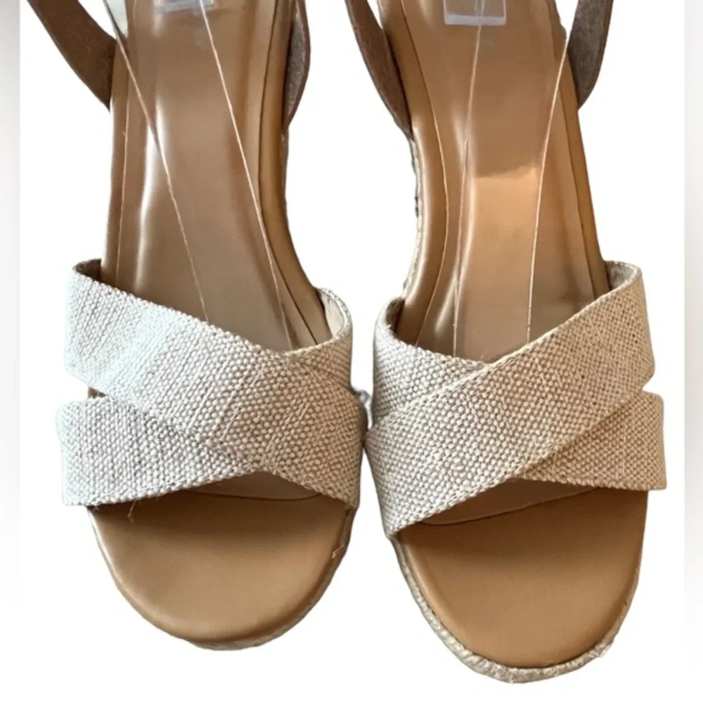 Old Navy‎ Oatmeal Canvas & Tan Leather Espadrille Wedges Size 8.5
